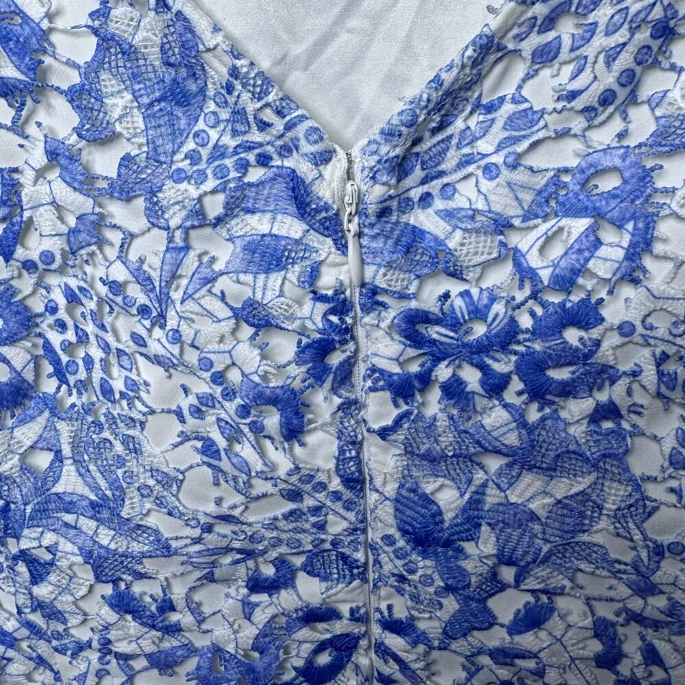 Antonio Melani Womens Size 8 Blue White Lace Floral Sheath Dress Scalloped Hem - Picture 7 of 12
